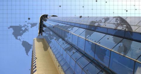 Glass curtain-wall skyscraper rising in upward perspective with dotted world map overlay