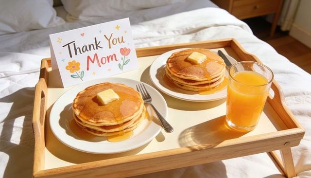 Thank you mom breakfast tray with pancake stacks, butter, syrup and orange juice