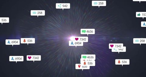 Floating Social Media Notification Tags Orbiting Purple-White Light Burst for Data Visualization