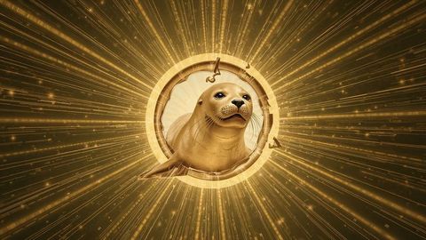 Golden seal in luminous portal surrounded by radiant rays