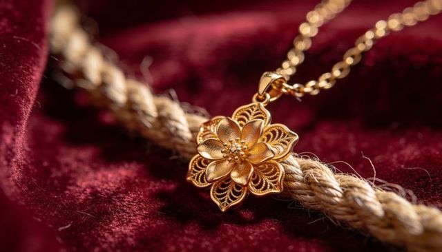Golden filigree flower pendant necklace resting on burgundy velvet with braided cord