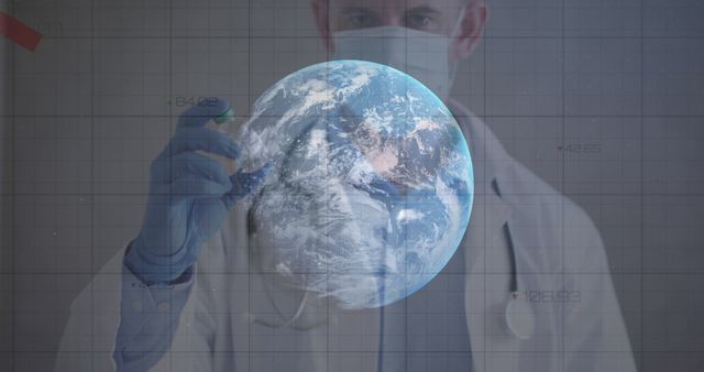 Scientist wearing mask analyzing holographic Earth - Download Free Stock Images Pikwizard.com