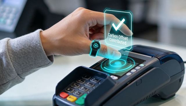 Contactless smart ring payment showing carbon offset confirmation hologram at retail checkout