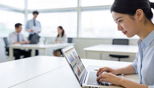 Focused woman working on laptop with business charts in bright office, blurred team in background