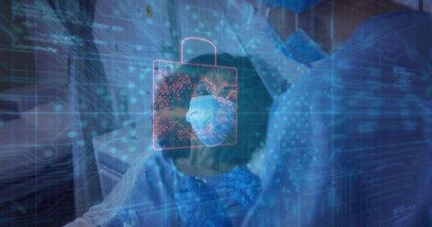 Healthcare worker conducting safe covid-19 testing with security overlay