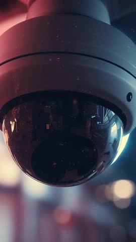 Vertical Dome Security Camera Tilting and Glowing with Reflective Glass and Dust Specks