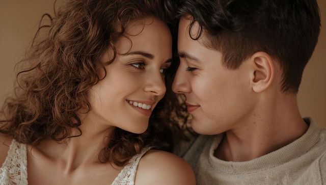 Intimate close-up showing smiling couple sharing warm gaze and tender connection