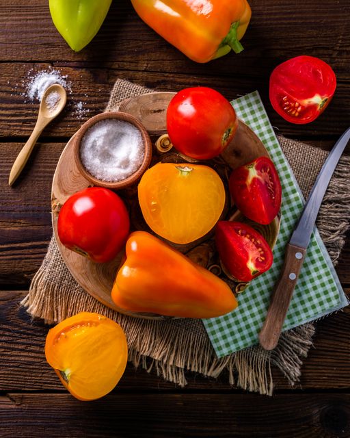Variety of Fresh Colorful Tomatoes and Bell Peppers on Wooden Table - Download Free Stock Photos Pikwizard.com
