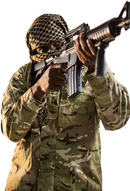 Transparent Low Angle Soldier Aiming with Rifle in Camo Gear - Download Free Stock Videos Pikwizard.com