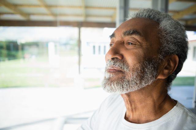 Elderly man with gray hair and beard looking out window, appearing deep in thought. Ideal for use in articles about aging, retirement, mental health, and peaceful living. Suitable for advertisements promoting senior living communities, healthcare services, and lifestyle blogs focusing on mature audiences.