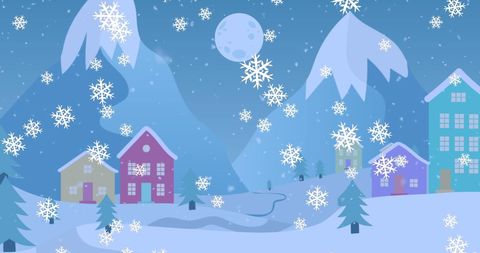 Snowflakes Falling Over Vibrant Winter Village Under Moonlit Sky