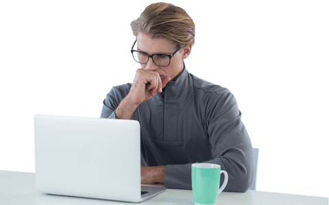 Serious Businessman Looking at Transparent Laptop Thoughtfully - Download Free Stock Videos Pikwizard.com
