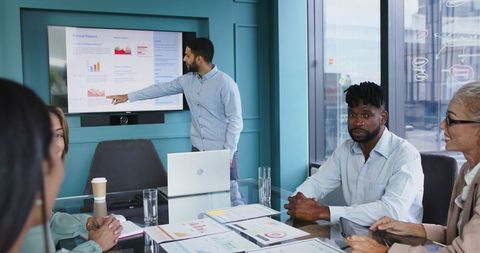 Professional Team Analyzing Annual Business Report in Modern Office