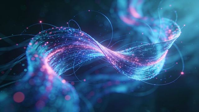 Twisting neon particle ribbon flowing through virtual space with cyan magenta glow bokeh