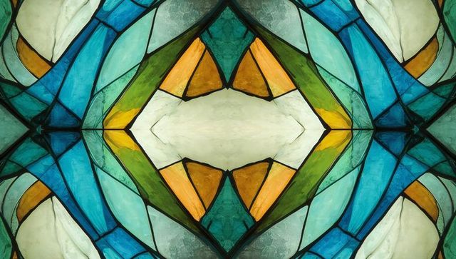Abstract geometric stained glass design with vivid colours
