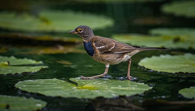 Blue-throated songbird perching on lily pad over reflective green pond