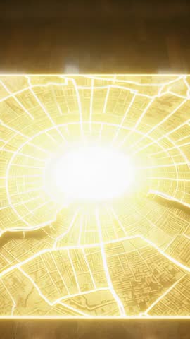 Vertical video showing emerging light projecting circular holographic map in dark chamber