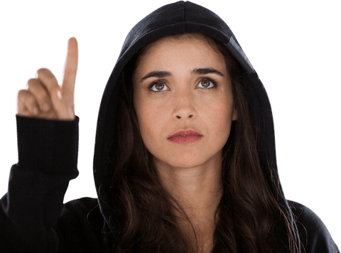 Young female in hoodie interacting with transparent interface