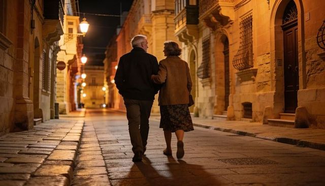 Elderly couple walking arm-in-arm on historic cobblestone street at night under warm lamps