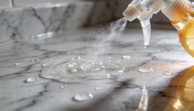 Citrus spray releasing fine mist creating ripples on marble countertop with water droplets
