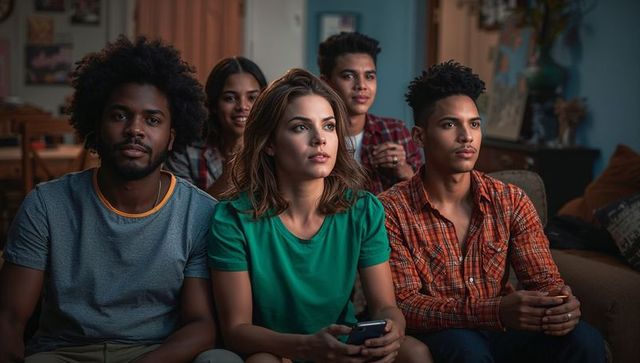 Friends Gathered Socializing on a Sofa with Smartphone and Game Controller