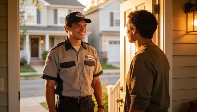 Smiling delivery driver chatting with resident at front door during golden hour