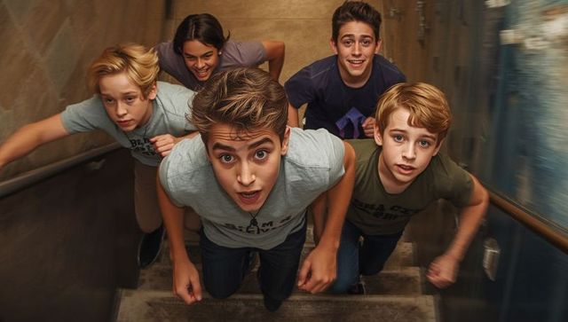 Teen Boys Climbing Stairwell in School Encouraging Collaborative Spirit