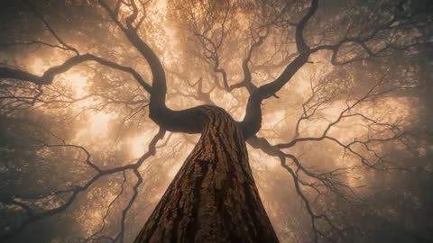 Ascending Camera Revealing Ancient Tree Canopy Glowing in Misty Backlight