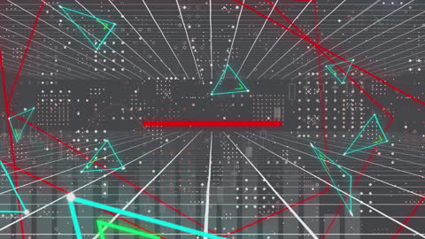 Futuristic Neon Triangular Shapes Over Digital Grid Background