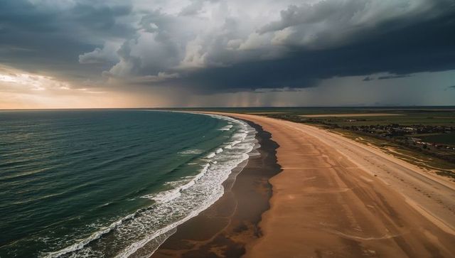 Stormclouds rolling over curving sandy shoreline at sunset, waves breaking along coast