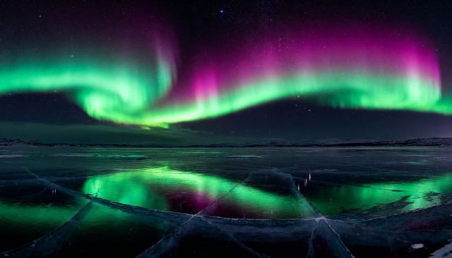 Vibrant magenta and green Northern Lights reflecting on cracked Arctic lake ice panoramic