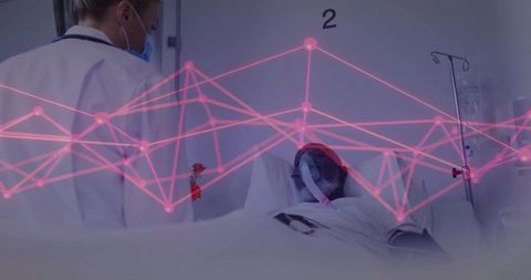 Nurse monitoring patient with oxygen mask and neon data network overlay in hospital ward