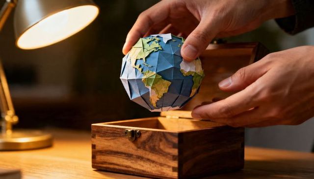 Lifting origami globe from wooden box under warm desk lamp, hands revealing paper world