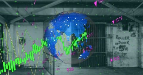 Global finance digitally represented by globe and graphs
