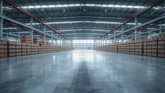 Polished concrete aisle leading to roll-up door in expansive warehouse with stacked pallets