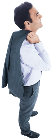 Smiling young businessman holding suit jacket transparent background