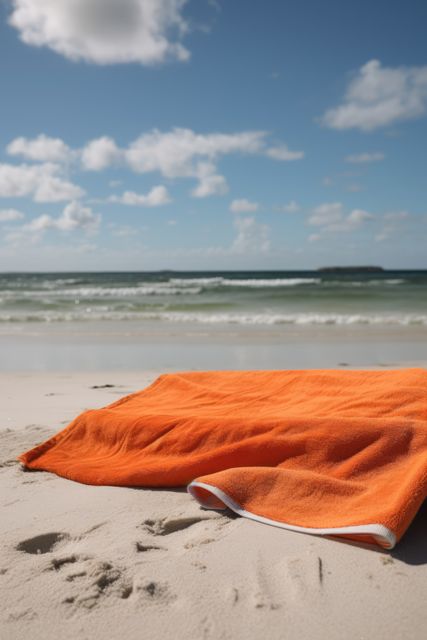 Bright orange towel lying on the sandy beach near the ocean under a blue sky with scattered white clouds. Ideal for use in travel brochures, summer vacation promotions, beachwear advertisements, and outdoor leisure campaigns.