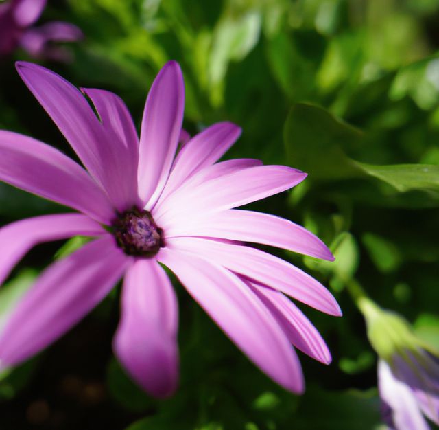 Bright close-up of a purple daisy flower. Soft, delicate petals contrast against lush green leaves, offering a warm, natural aesthetic. Ideal for nature and gardening themes, perfect for promoting natural products, eco-friendly messages, floral decorations, or summer campaigns.