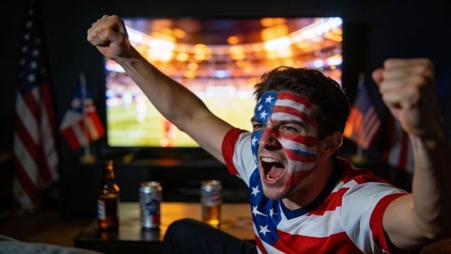 Passionate fan cheering with american flag face paint and jersey watching match at home