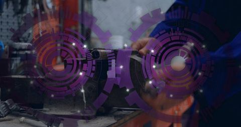 Mechanic tightening metal cylinder in bench vise with purple digital hud overlay