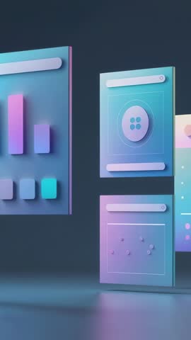 Vertical UI Panels with Moving Gradient Sweep and 3D Data Chart for Futuristic Tech Video