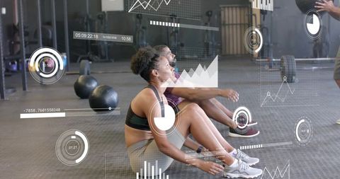 Digital Interface Overlays Diverse Couple Exercising at Gym