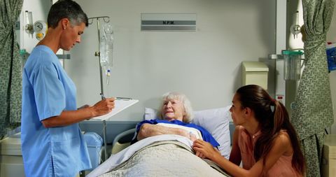 Senior Patient and Family with Female Doctor in Hospital Ward