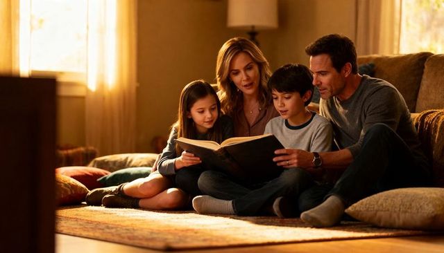 Cozy family reading on living room floor during golden hour, parents sharing storybook