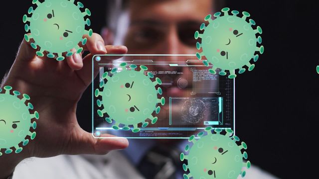 Animated illustration shows virus cells on transparent virtual screen held by doctor. Ideal for educational content on health, digital interfaces in medical technology, or scientific research materials. Suitable for illustrating modern healthcare innovations and global pandemic themes.