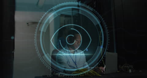 Cybersecurity Engineer Analyzing Data with Digital Eye Scanner Overlay