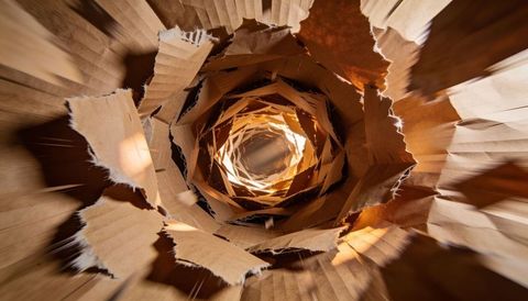 Spiraling corrugated cardboard vortex with torn flaps and warm amber core, abstract tunnel