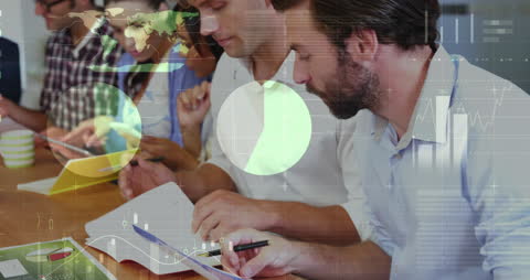 Business Team Analyzing Data with Global Interface Overlay