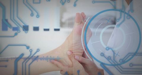 Doctor examining foot with augmented digital diagnostics and futuristic medical interface
