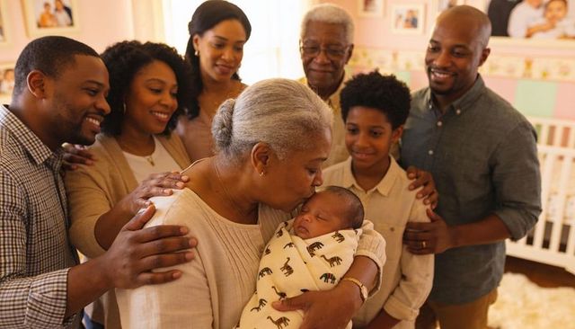 Grandmother kissing newborn as multigenerational family gathers in cozy pastel nursery